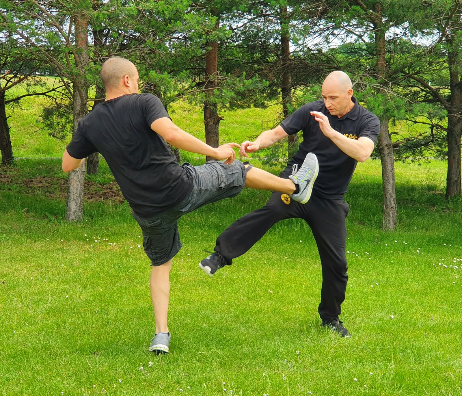 Selbstverteidigung für Erwachsene 1 Zwei Trainingspartner üben eine Tritt-Abwehrtechnik