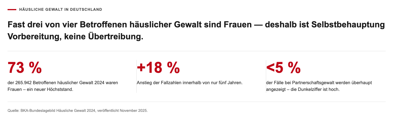 Statistik: Häusliche Gewalt in Deutschland 2024 – 73% der Betroffenen waren Frauen, +18% Anstieg in 5 Jahren, unter 5% der Fälle bei Partnerschaftsgewalt werden angezeigt. Quelle: BKA-Bundeslagebild Häusliche Gewalt 2024.